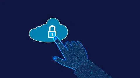 Clicking on cloud computing data storage with padlock. Hand from triangles an Stock Illustration