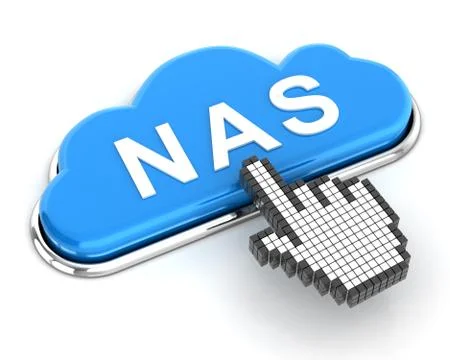 Clicking a cloud shaped NAS button, 3d render Stock Illustration