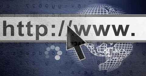 Clicking cursor over http: or www text image with globe and binary code 库存照片