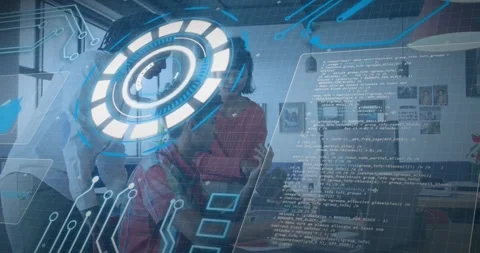 Clicking laptop summoning translucent ring and code panels while tech team Stock Footage 318047047