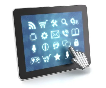 Clicking on a tablet with touchscreen interface, 3d render Stock Illustration