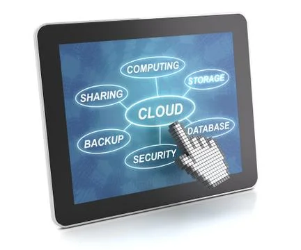 Clicking on a tablet with words related to cloud technology イラスト素材