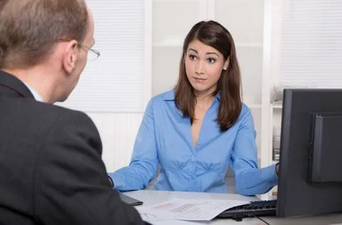 Client and customer sitting at desk or communication concept for workplace pr Stock Photos