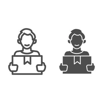 Client with box line and solid icon, delivery logistic service symbol, courier Illustrazione stock