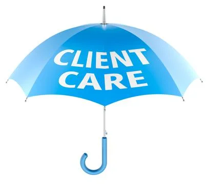 Client Care concept with blue umbrella. 3D rendering Illustrazione stock