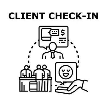 Client check in process outline concept illustration Illustrazione stock