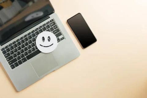 Client customer review feedback for online laptop assessment, smiley face s.. Stock Photos
