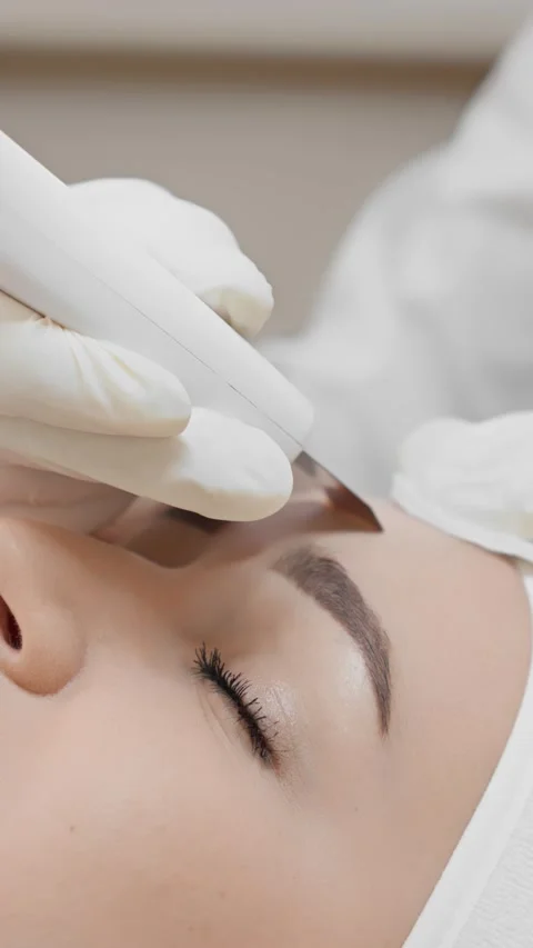 Client enjoying pleasant sensations during ultrasonic facial cleansing close-up Stock Footage 267015315