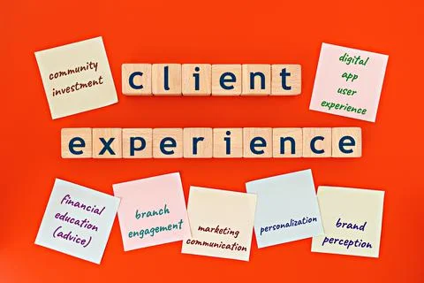 Client experience model. wooden cubes with the words "client experience" Foto stock