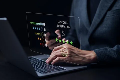 Client give five star rating to service experience on app. Customer review, Stock Photos