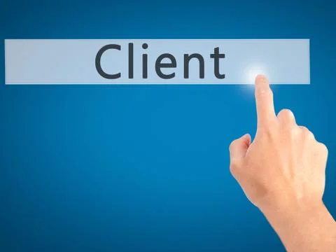 Client - Hand pressing a button on blurred background concept on visual scree Stockfoto's