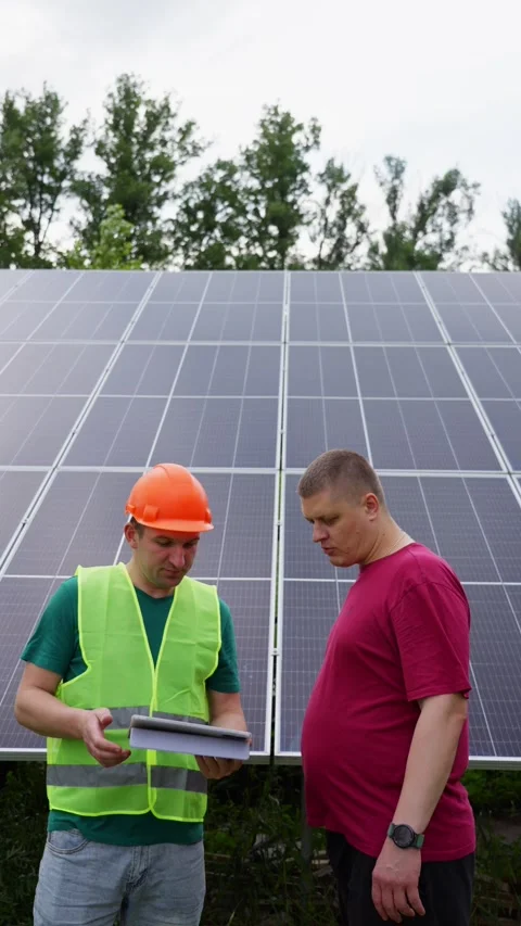 Client learns from engineer how to manage solar panels with tablet Stock Footage 316233029