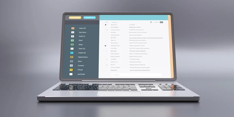 Client mail list on computer laptop screen isolated on gray, front view. Emai Illustrazione stock