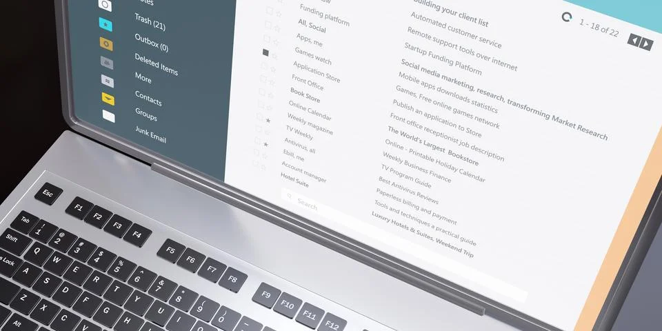 Client mail list on computer laptop screen close up above view. Email message Stock Illustration