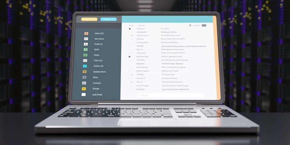 Client mail list on computer laptop screen data center background. Email mess Stock Illustration
