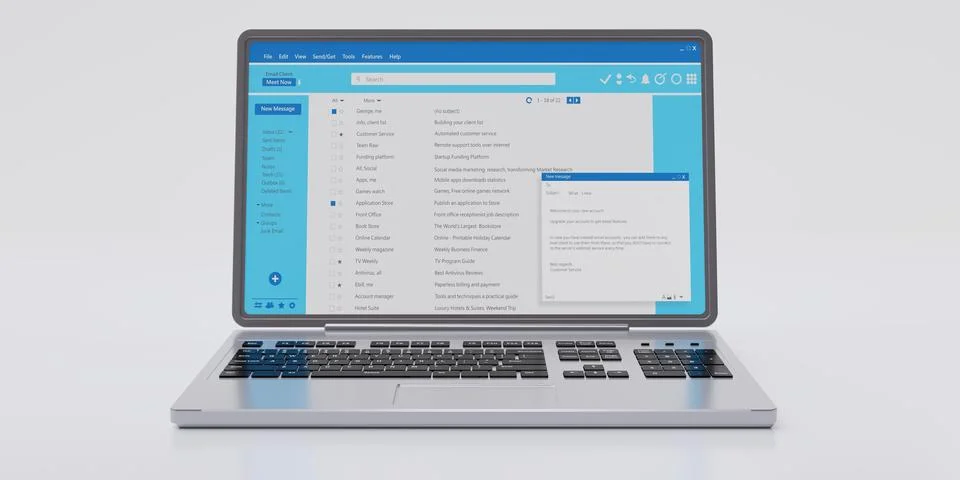 Client mail list on computer laptop screen isolated on white, front view. Ema Stock Illustration