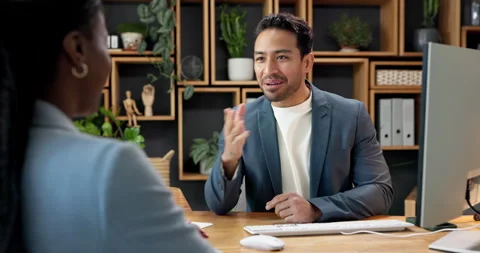 Client, man and talk at meeting with computer for insurance, risk assessment or Stock Footage 342332147