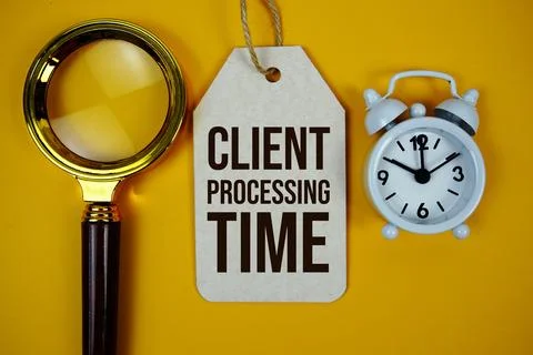 Client Processing Time text on price tag with magnifying glass and alarm cl.. 스톡 사진