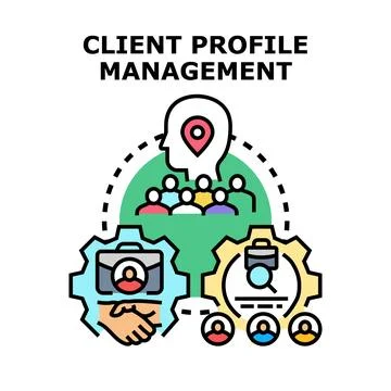 Client profile management organizing customer relationships and business data Stock Illustration