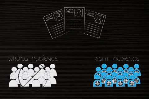 Client profiles with wrong audience barred out and right one with targets bel Illustrazione stock