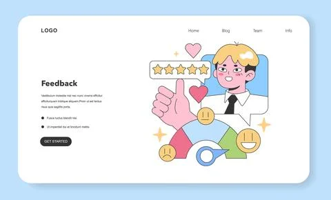 Client Satisfaction web or landing. Animated character giving top rating Ilustración de archivo