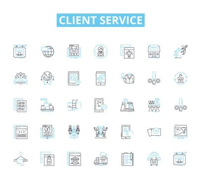 Client service linear icons set. Support, Help, Assistance, Compassion, Empathy Illustrazione stock