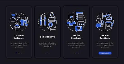 Client service night mode onboarding mobile app screen Illustrazione stock