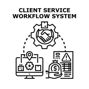 Client service workflow system global collaboration delivering solutions Stock Illustration