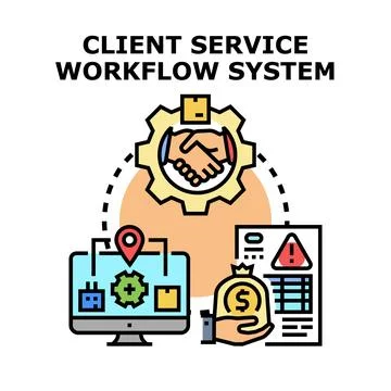 Client service workflow system global collaboration delivering solutions Stock Illustration