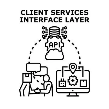 Client services interface layer connecting data via api Stock Illustration