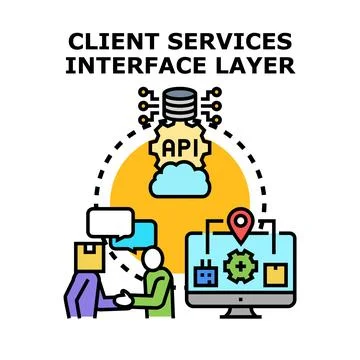 Client services interface layer connecting data via api イラスト素材