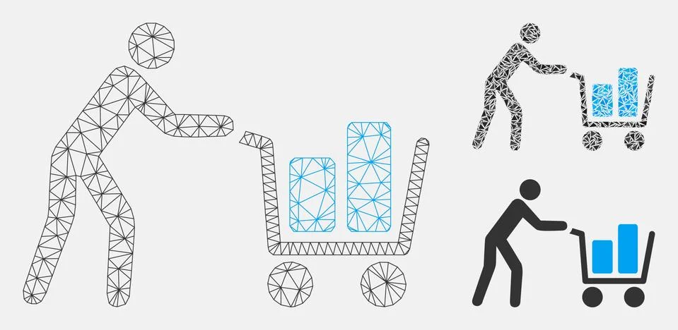 Client with Shopping Cart Vector Mesh Network Model and Triangle Mosaic Icon Illustrazione stock