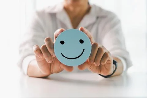 Client show feedback, smiley face sign. Service rating, satisfaction concep.. Stock Photos