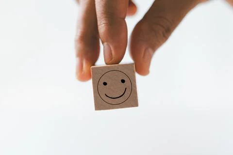 Client show feedback, smiley face sign. Service rating, satisfaction concep.. Foto stock