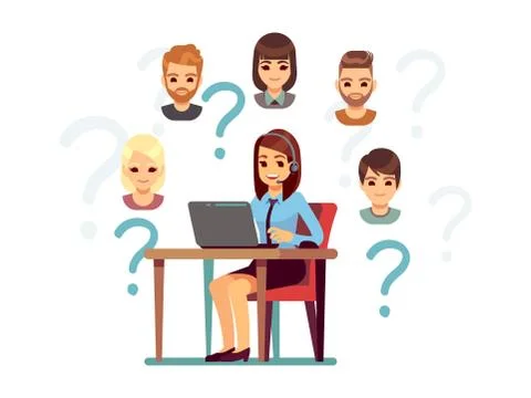 Client support. Call center operator, customers and manager. Woman answered on Illustrazione stock