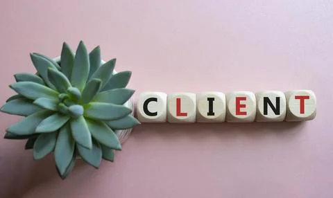 Client symbol. Concept word Client on wooden cubes. Beautiful pink backgrou.. 库存照片