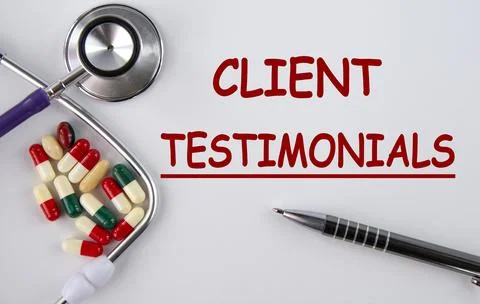CLIENT TESTIMONIALS - words on a light background with tablets and stethoscop Stock Photos