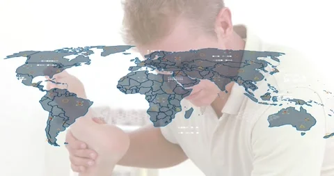 Client therapist placing hands back stretching leg rotating foot with world map Vidéo 318069970