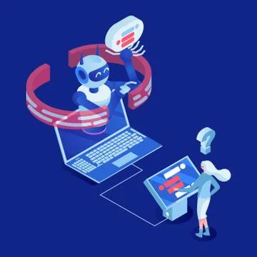 Client use chatbot vector isometric illustration. Office employee working with Stock Illustration