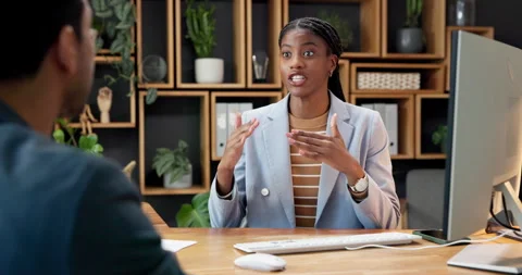 Client, woman and meeting with computer in office for insurance, risk assessment Stock Footage 342335741