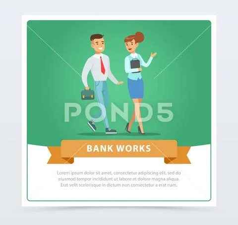 Clients and manager, bank works banner for advertising brochure, promotional Stock Illustration