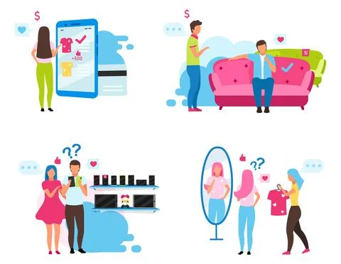 Clients choosing goods flat vector illustrations set 스톡 일러스트