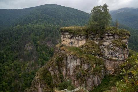Cliff Avatar surrounded by deep forest, North Caucasus, Russia Stock Photos