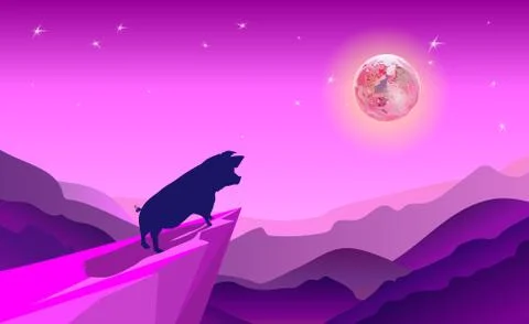 Cliff background violet where pig take adventure in jungle Stock Illustration