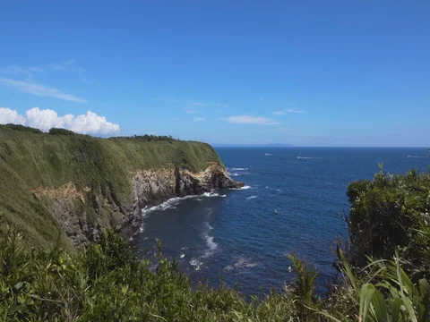 Cliff covered in grass, blue sea and sky, Jogashima island, Miura Peninsula Stock Footage 80618709