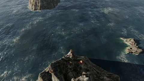 Cliff diver on the edge of the rock, looking at the ocean, top view Stock Footage 146637627