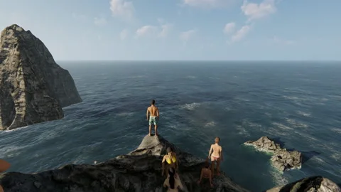 Cliff diver standing on the edge of the cliff looking at the ocean, front vi Stock Footage 148075895