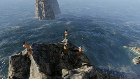 Cliff diver standing on the edge, overlooking the ocean 스톡 동영상 149178248