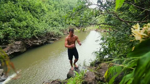 Cliff Jumping Backflip Bamboo Forest Waterfall Stock-Footage 54596217