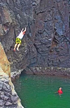 Cliff Jumping, Man Doing Cliff Jumping, Extreme Adventure. Stock Photos